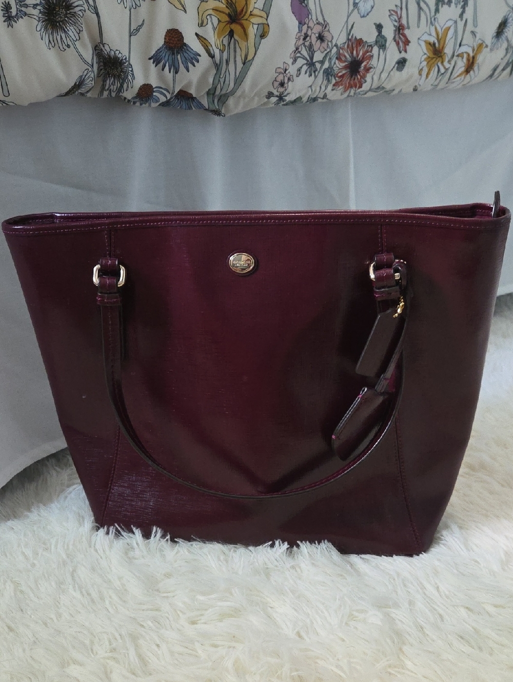 Coach Burgundy Patent Leather City Tote with Gold Accent